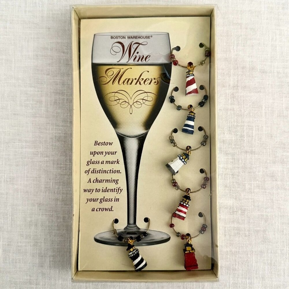 Vintage Boston Warehouse Lighthouse Wine Markers Set Of 6 Glass Charms Coastal